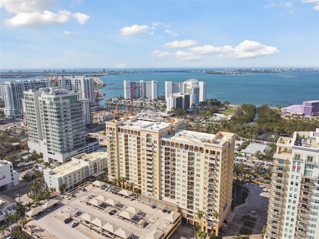 aerial view with a water view and a city view