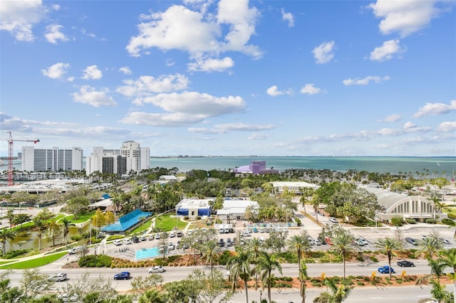 bird's eye view featuring a water view and a view of city