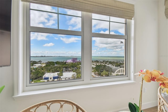 interior details with a water view