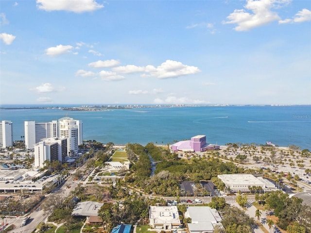 drone / aerial view featuring a city view and a water view