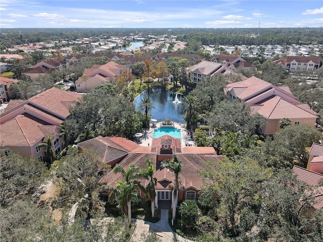 drone / aerial view featuring a water view