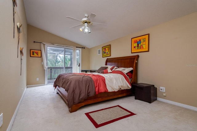 10534 Bermuda Isle Dr, Tampa, FL 33647 - bedroom with lofted ceiling, light carpet, access to exterior, and ceiling fan