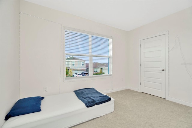 bedroom with light colored carpet