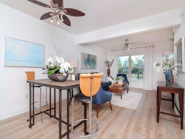 dining area with ceiling fan and light wood-type flooring