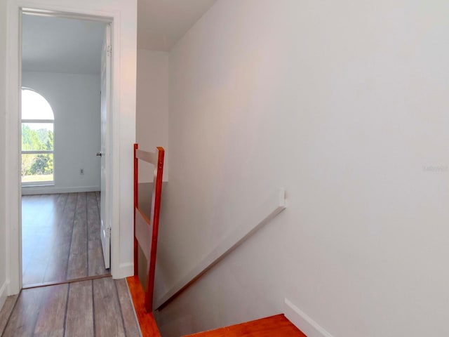 stairway featuring hardwood / wood-style flooring