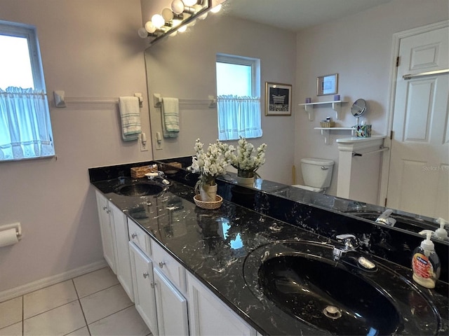 bathroom featuring vanity, toilet, and tile patterned flooring