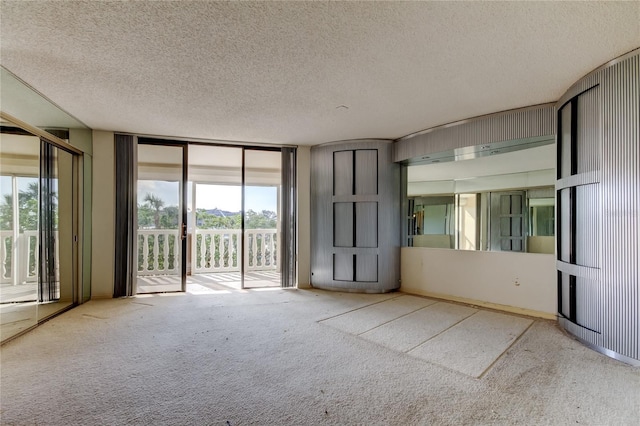 carpeted empty room featuring a textured ceiling and a wall of windows