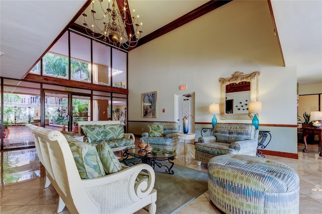 living room featuring light tile patterned floors, a towering ceiling, and a chandelier