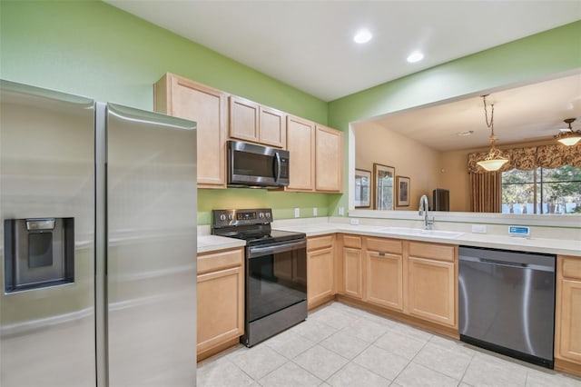 kitchen featuring sink, light tile patterned floors, hanging light fixtures, stainless steel appliances, and light brown cabinets