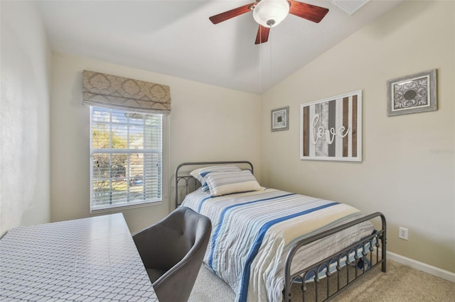 bedroom with lofted ceiling, carpet floors, and ceiling fan