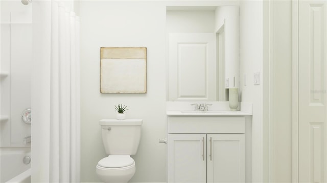 full bathroom featuring vanity, shower / tub combo, and toilet