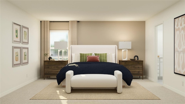 bedroom with light colored carpet