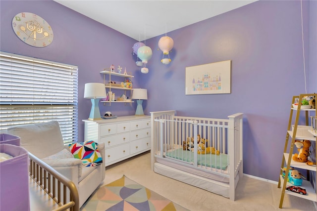 bedroom with light carpet