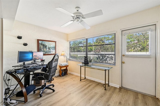 office space featuring ceiling fan and light wood-type flooring