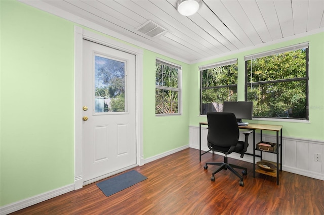 office featuring dark wood-type flooring, a healthy amount of sunlight, and wooden ceiling