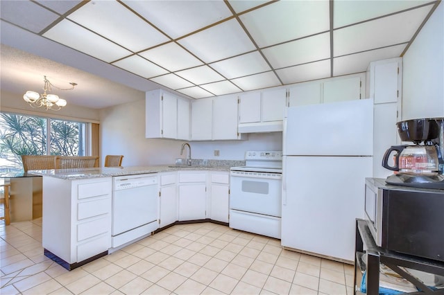 kitchen with sink, white cabinetry, kitchen peninsula, white appliances, and light stone countertops