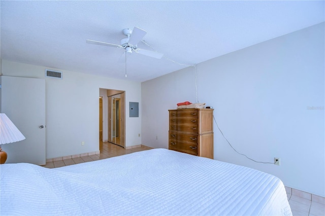 tiled bedroom featuring electric panel and ceiling fan