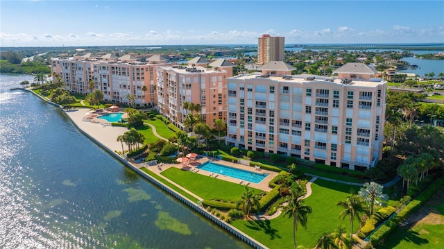 aerial view featuring a water view