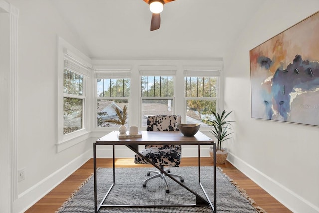 office with hardwood / wood-style flooring and ceiling fan