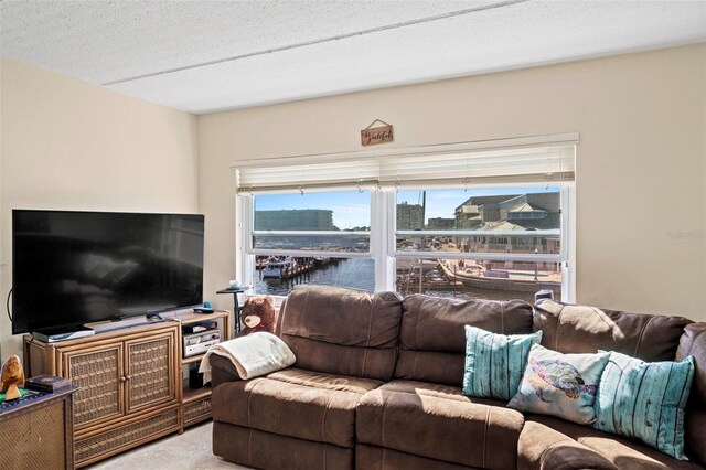 living room with a water view, carpet flooring, and a textured ceiling