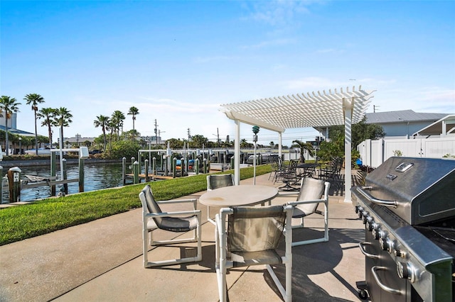 view of patio with a water view, a grill, a dock, and a pergola