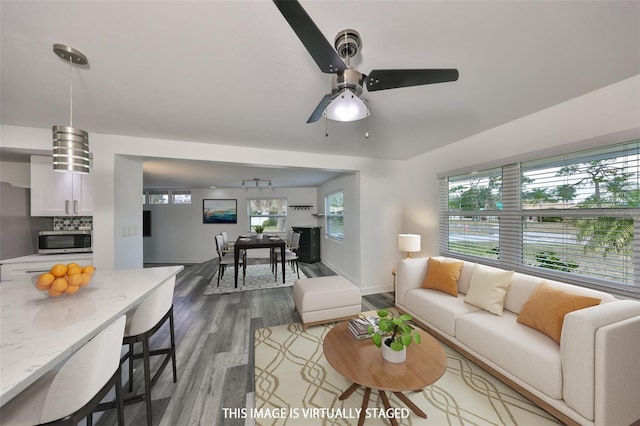 living room featuring dark hardwood / wood-style floors and ceiling fan