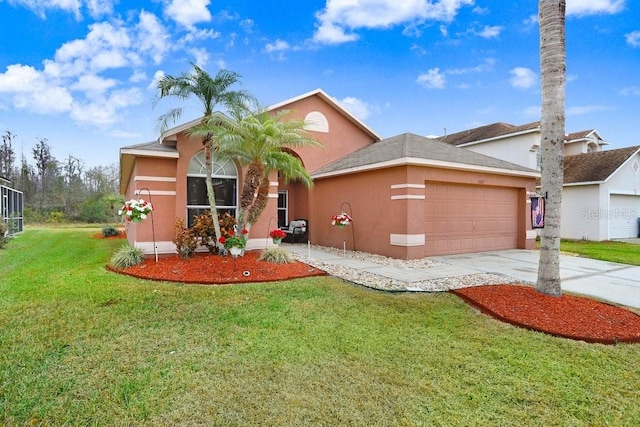 view of front of property featuring a front yard, concrete driveway, an attached garage, and stucco siding