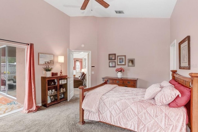 bedroom featuring access to exterior, visible vents, carpet flooring, ceiling fan, and high vaulted ceiling