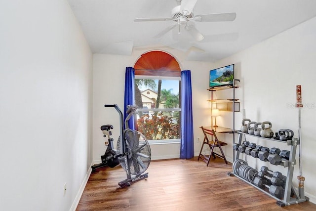 exercise area with baseboards, a ceiling fan, vaulted ceiling, and wood finished floors