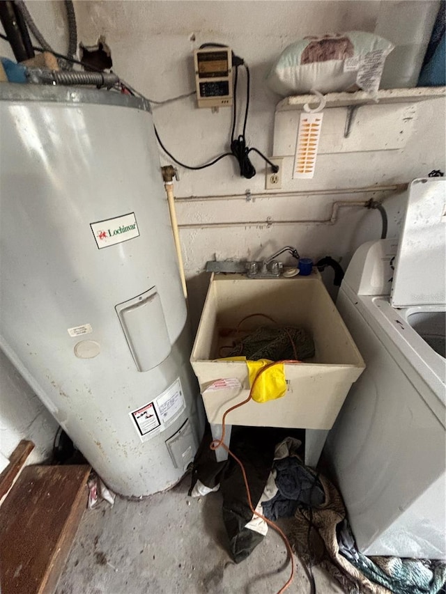 utility room with sink, washer / dryer, and electric water heater