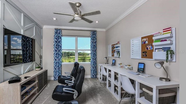 carpeted office space featuring crown molding, ceiling fan, and a textured ceiling