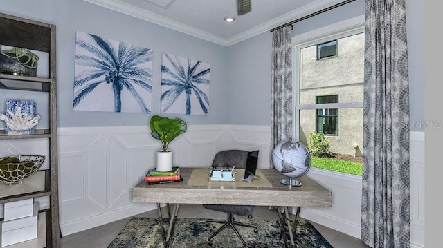 tiled home office featuring crown molding