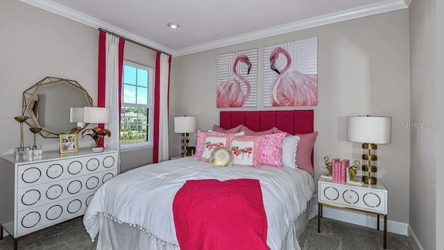 carpeted bedroom with crown molding