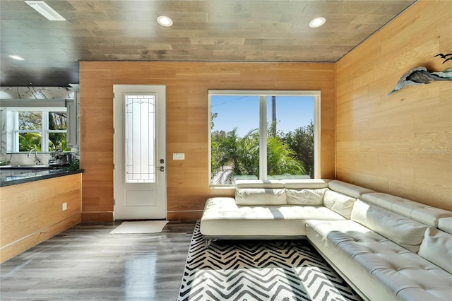 interior space with sink, hardwood / wood-style flooring, and wooden walls