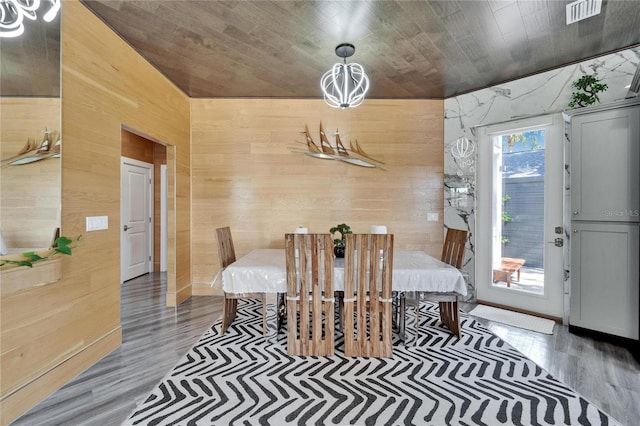 dining area featuring wood-type flooring, wooden walls, and wooden ceiling