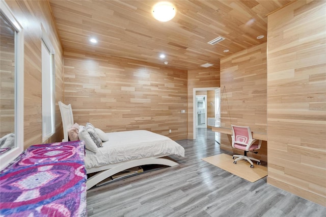 bedroom featuring hardwood / wood-style floors, wood ceiling, and wood walls