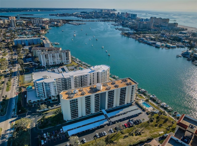 aerial view featuring a water view