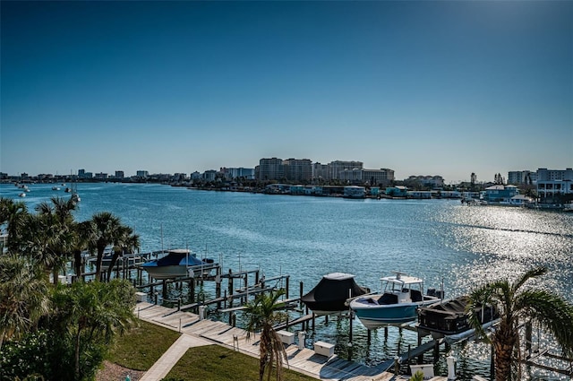 view of water feature with a dock