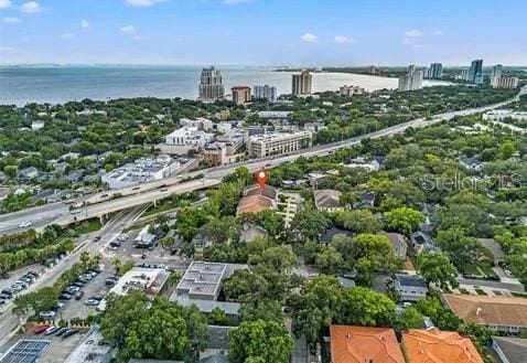 aerial view featuring a water view