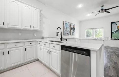 kitchen featuring white cabinetry, sink, stainless steel dishwasher, ceiling fan, and kitchen peninsula