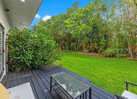 wooden terrace featuring a lawn