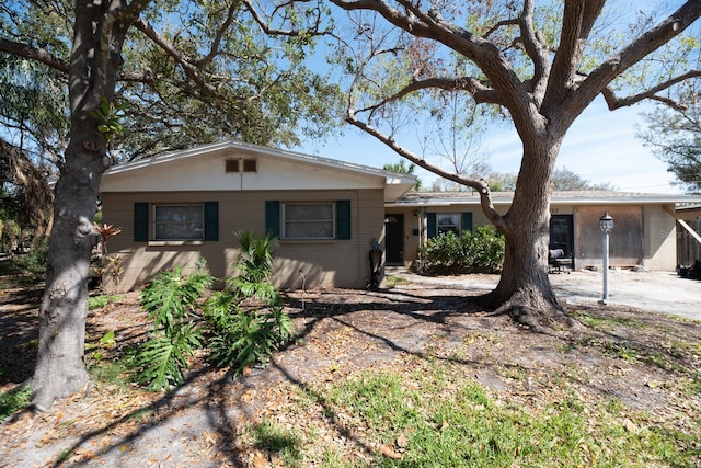 ranch-style house with concrete block siding