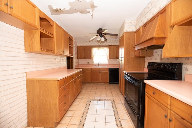 kitchen featuring open shelves, custom range hood, light countertops, a sink, and black appliances