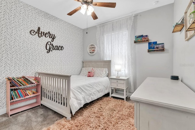 bedroom featuring carpet flooring and ceiling fan