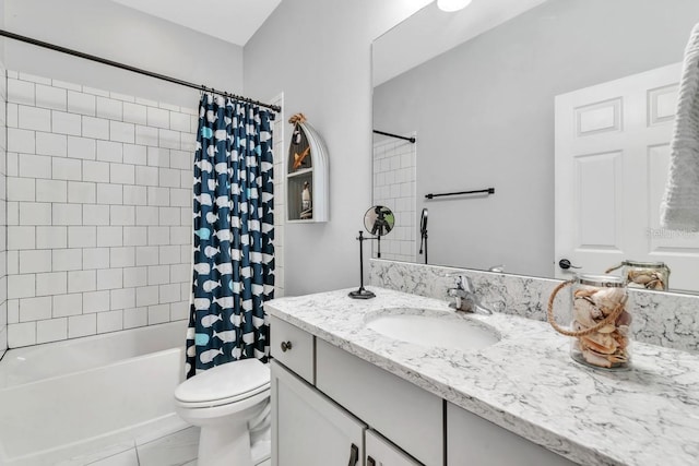 full bathroom with vanity, shower / bath combination with curtain, and toilet