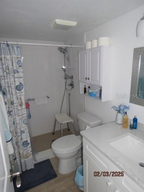 bathroom featuring vanity, wood-type flooring, toilet, and a shower with shower curtain