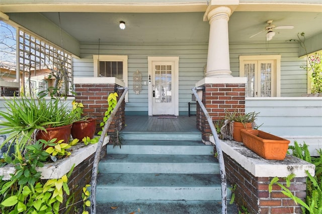 doorway to property featuring ceiling fan