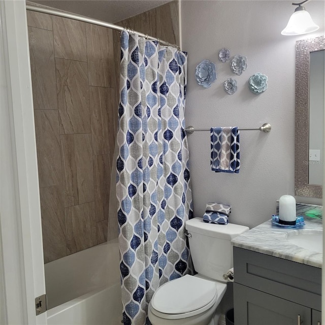 full bathroom with toilet, vanity, and shower / bathtub combination with curtain