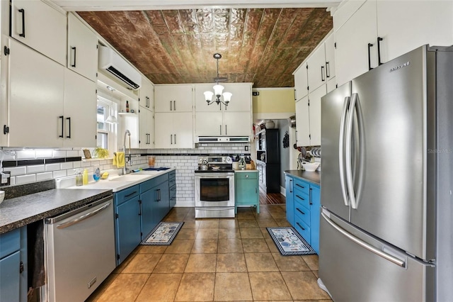 kitchen with white cabinetry, appliances with stainless steel finishes, decorative light fixtures, and sink