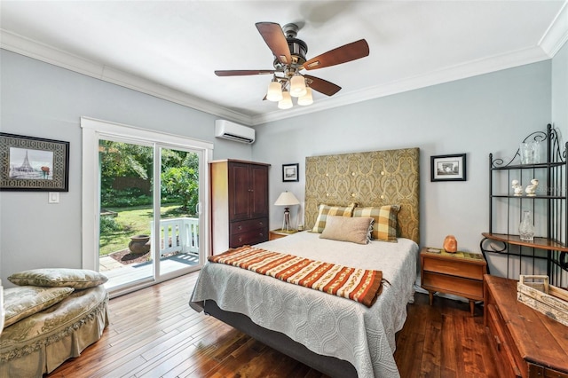 bedroom with crown molding, hardwood / wood-style flooring, access to outside, and a wall unit AC